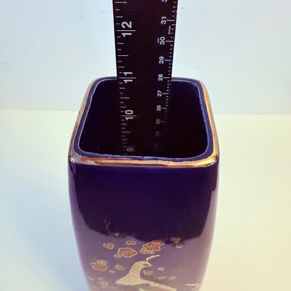 Japanese Peacock Vase Cobalt Blue VTG Tall Square Cylinder Floral Kutani Style - Picture 9 of 16